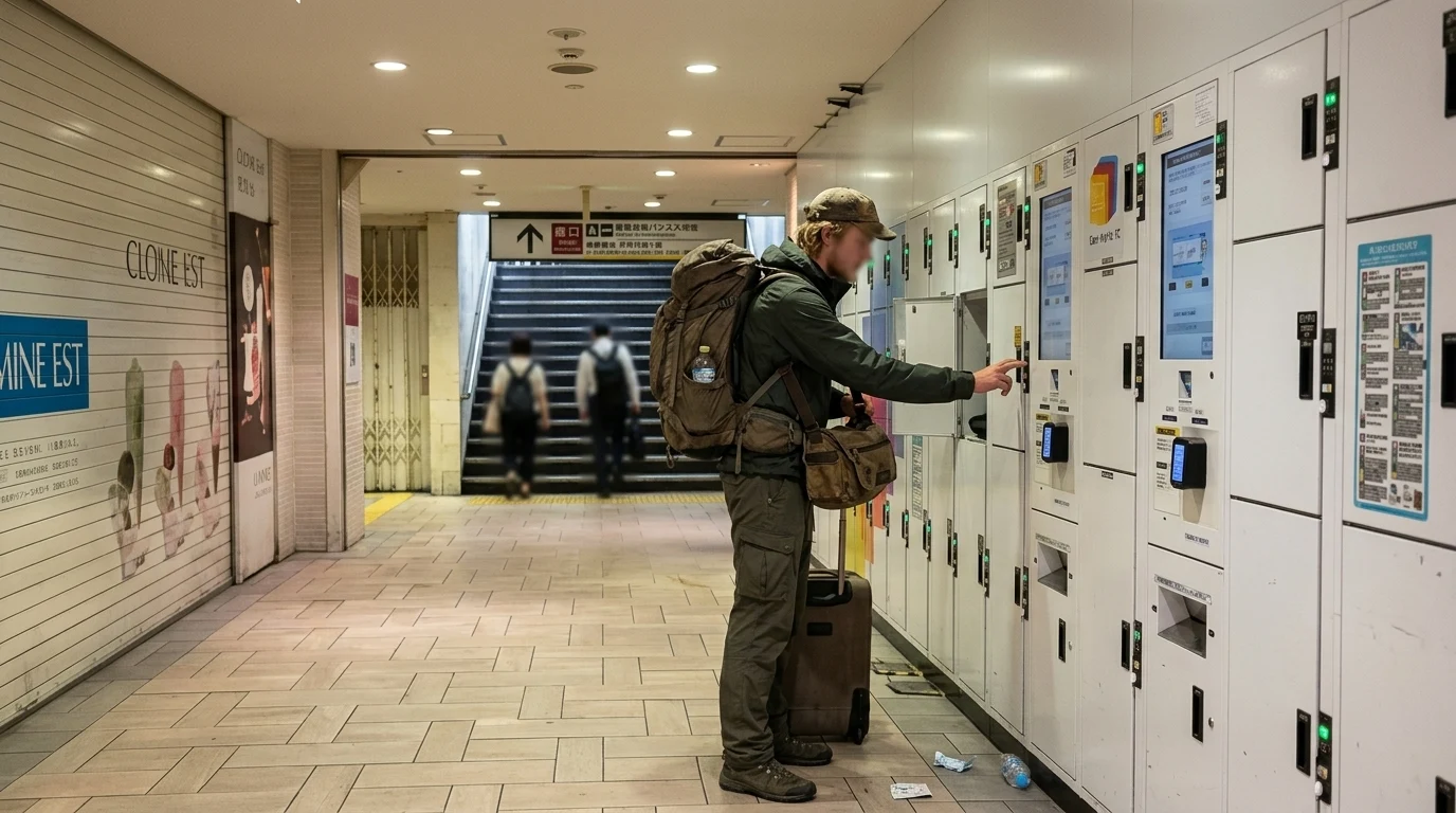 A western tourist at Shinjuku Station West Exit underground corridor accessing the locker